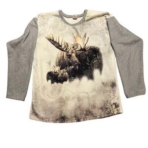 Vintage All‎ Over Print Gray Moose Graphic Crew Neck Fleece Made in USA XXL